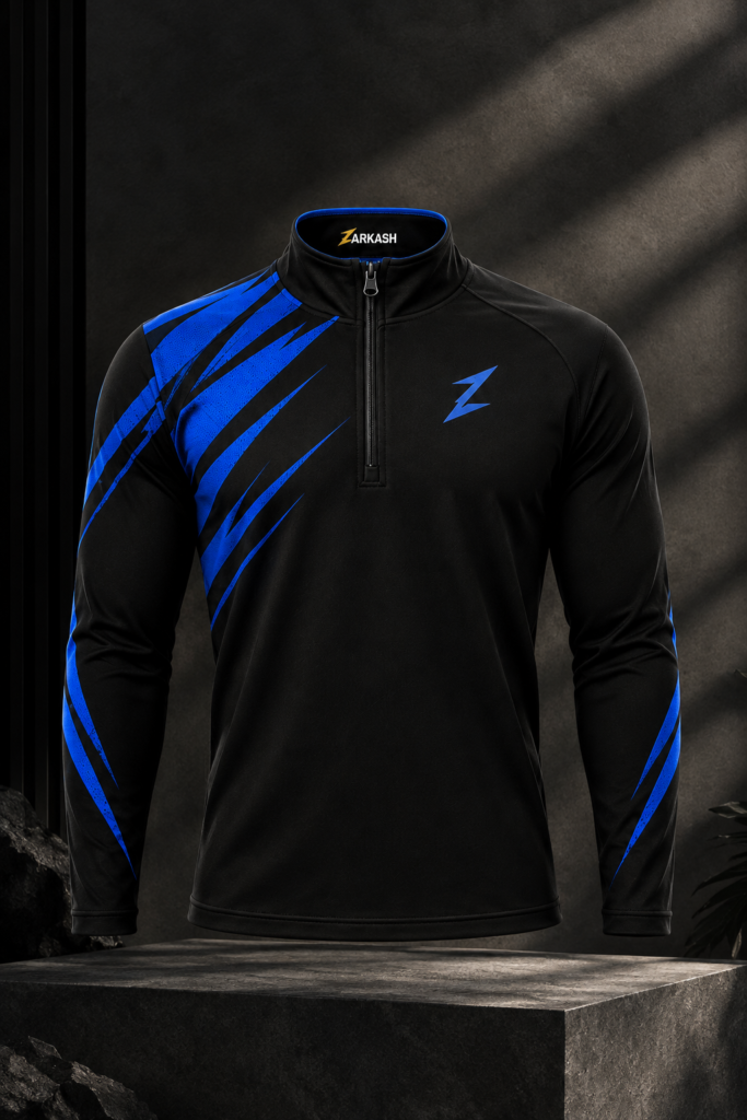 About zarkash blue accent quarter zip top
